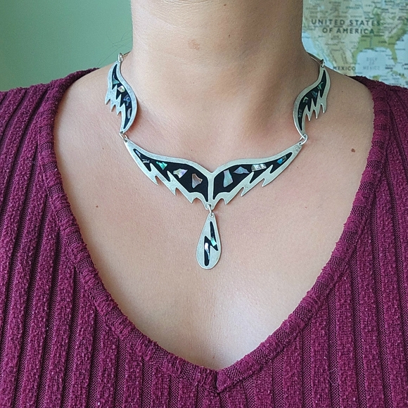 Vintage Mexican Alpaca Silver Abalone Shell Ornate Bib Necklace - Picture 15 of 16